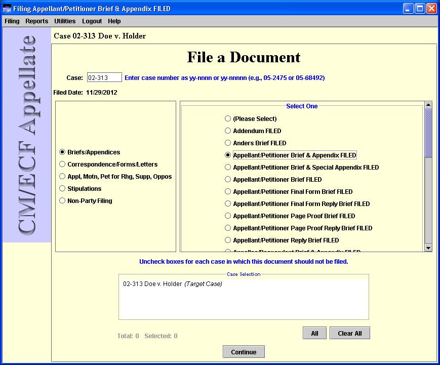 File a document window with case title