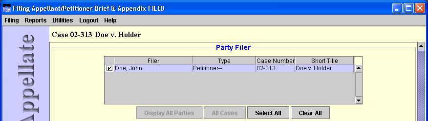 Party Filer area with Appellant-Plaintiff selected