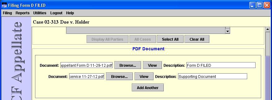 PDF Document area with one document uploaded