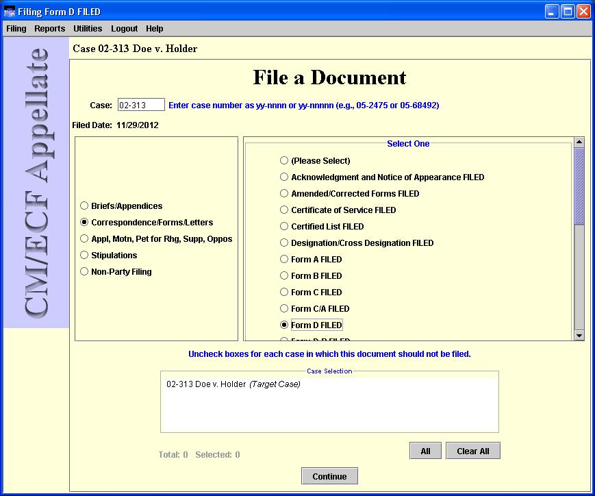 File a Document window with case number entered
