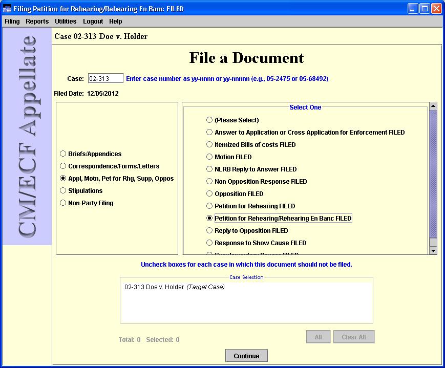 File a Document window with case selected