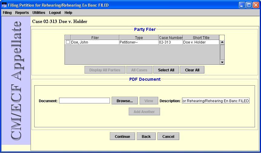 File a Document screen with filing category and motion selected