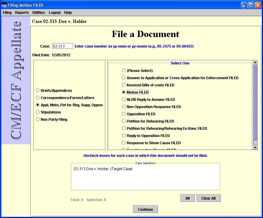 File a Document window with case number entered