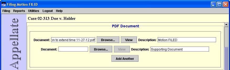 PDF Document area after clicking Add Another