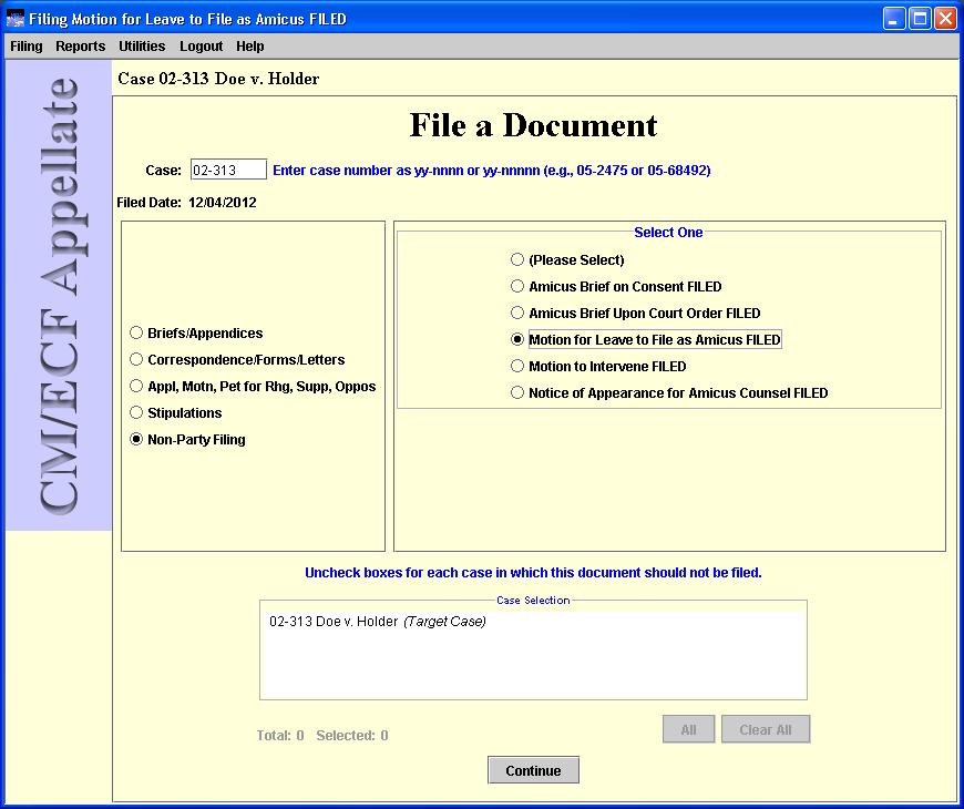 File a document window with case selected