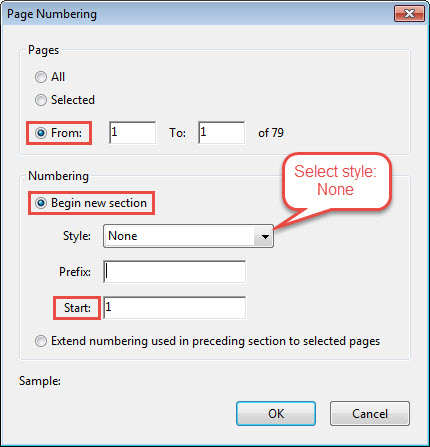 Page numbering dialog box