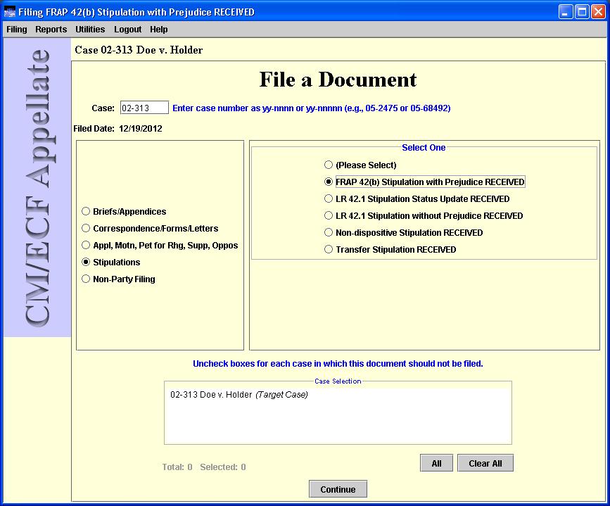 File a Document window with case selected