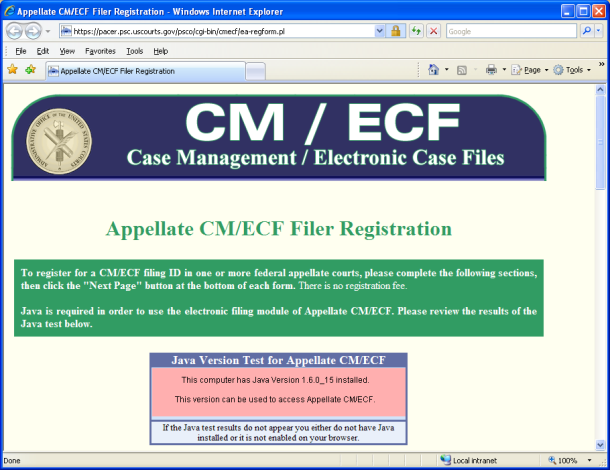 Appellate CM/ECF Filer Registration homepage