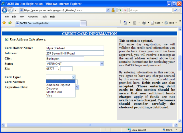 Credit Card Information section