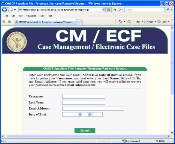 CM/ECF Appellate Filer Forgotten Username/Password Request