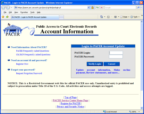PACER Account Information screen