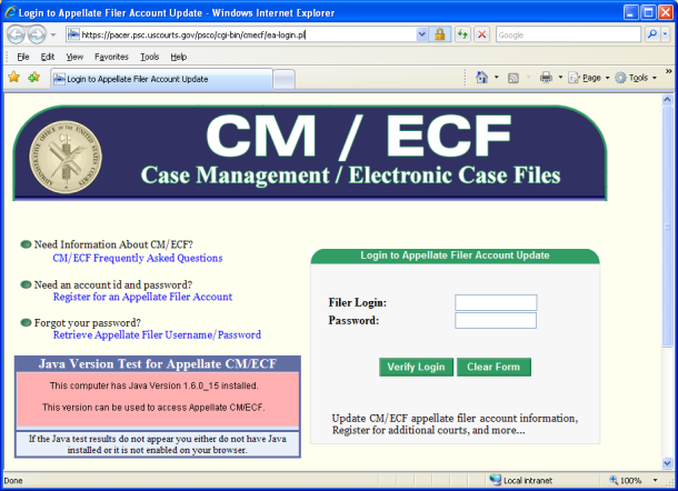 CM/ECF Appellate Filer Account Update login page