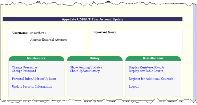 Appellate CM/ECF Filer Account Update Page