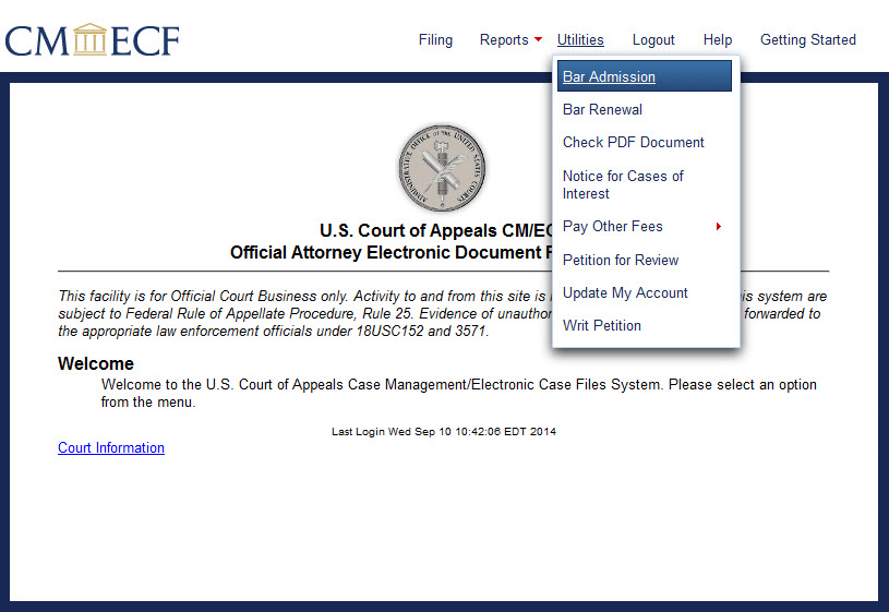 CM/ECF login screen